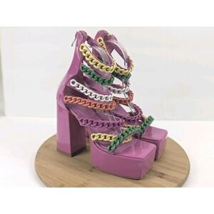 Azalea Wang Cuban Chain‎ Heel Boot Womans 7 Multicolor Rave Party Square Toe